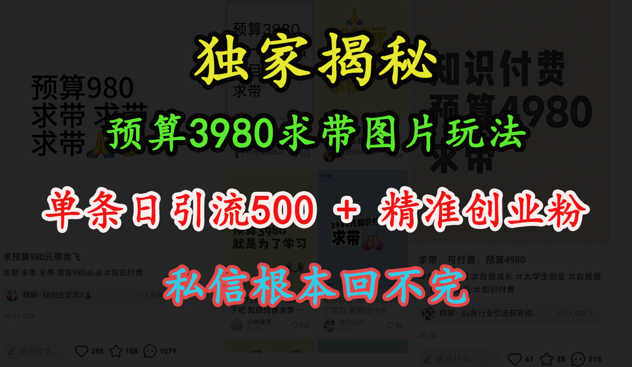 “小红书”预算3980求带 图片玩法,单条日引流500+精准创业粉,私信根本回不完-资源之家 “小红书”预算3980求带 图片玩法,单条日引流500+精准创业粉,私信根本回不完-资源之家