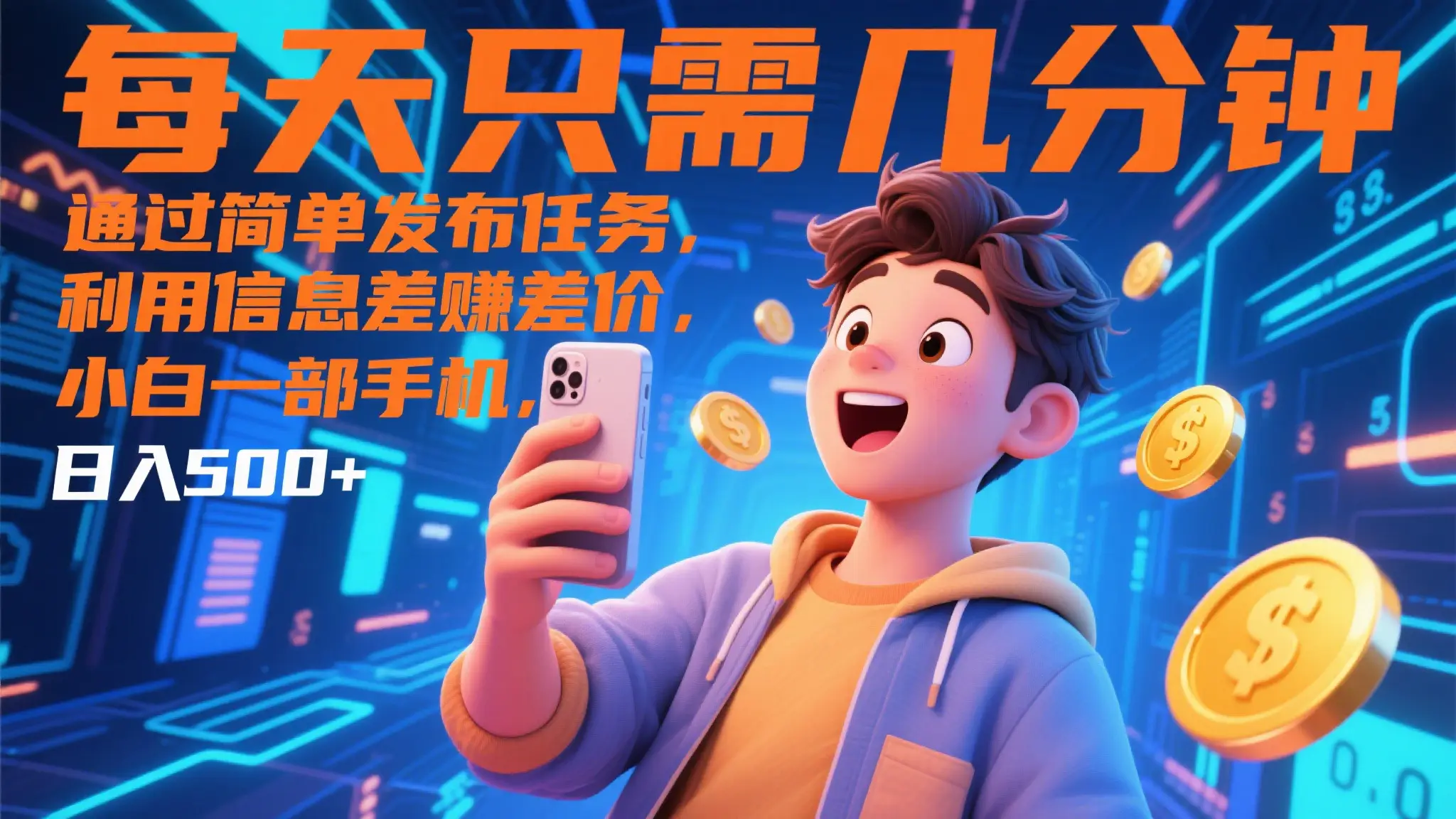 每天只需几分钟，通过简单发布任务，利用信息差赚差价，小白一部手机，日入500+