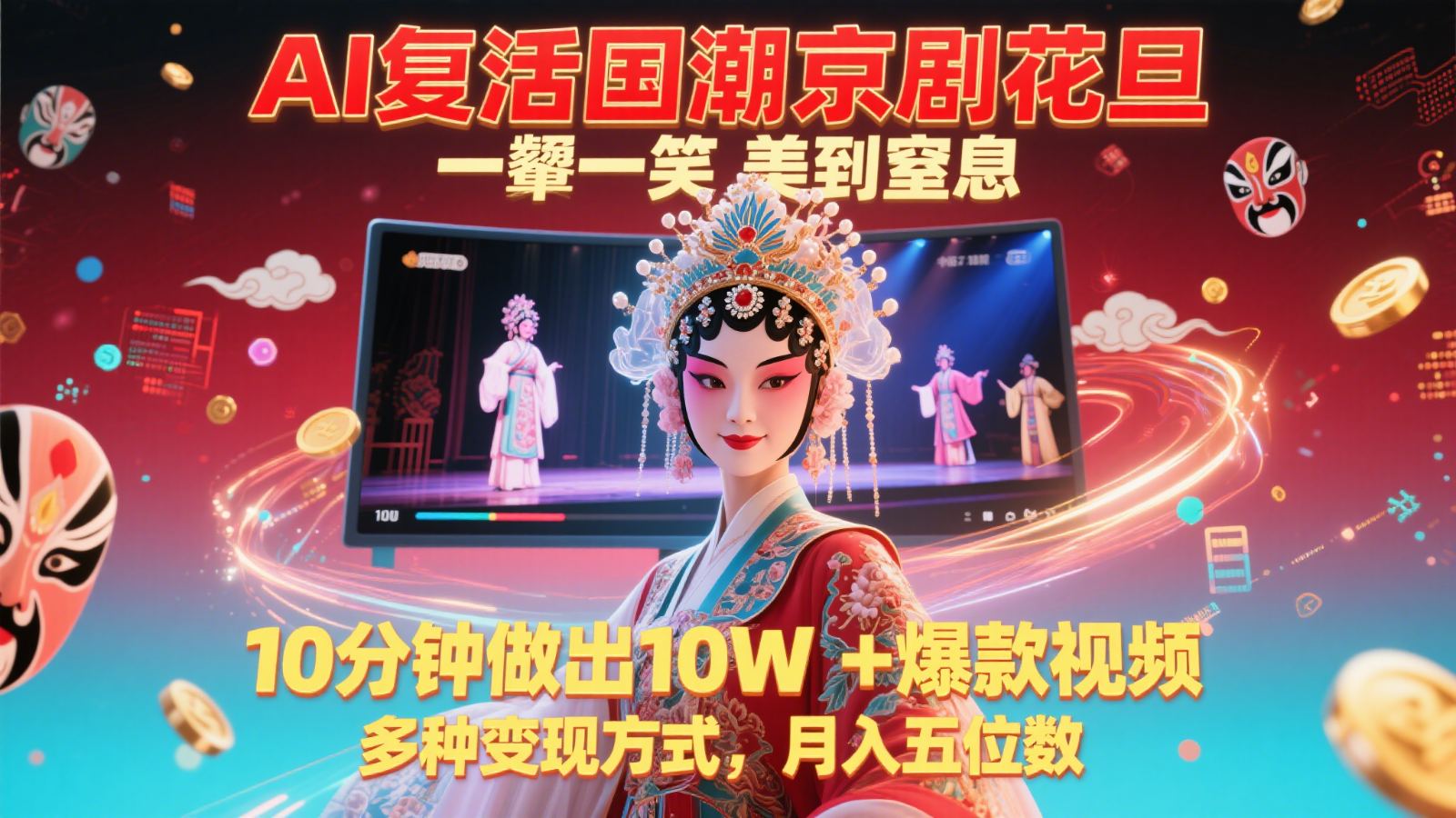 AI复活国潮京剧花旦，一颦一笑美到窒息，10分钟做出10W+爆款视频，多种变现方式
