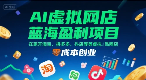 【精】AI虚拟网店蓝海盈利项目，在家开淘宝、拼多多、抖店等虚拟品网店，零成本创业