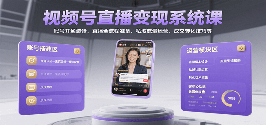视频号直播变现系统课，账号开通装修、直播全流程准备、私域流量运营、成交转化技巧等