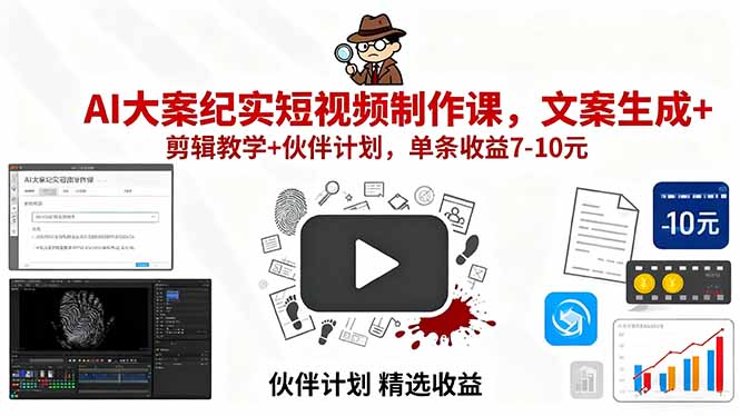 AI大案纪实短视频制作课，文案生成+剪辑教学+伙伴计划，单条收益7-10元