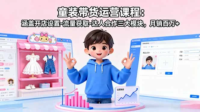 【精】童装带货运营课程：涵盖开店设置-流量获取-达人合作三大模块，月销百万+