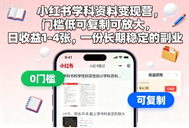 【精】小红书学科资料变现营，门槛低可复制可放大，日收益1-4张，一份长期稳定的副业