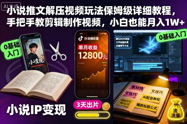 【精】小说推文解压视频玩法保姆级详细教程，手把手教剪辑制作视频，小白也能月入1W+