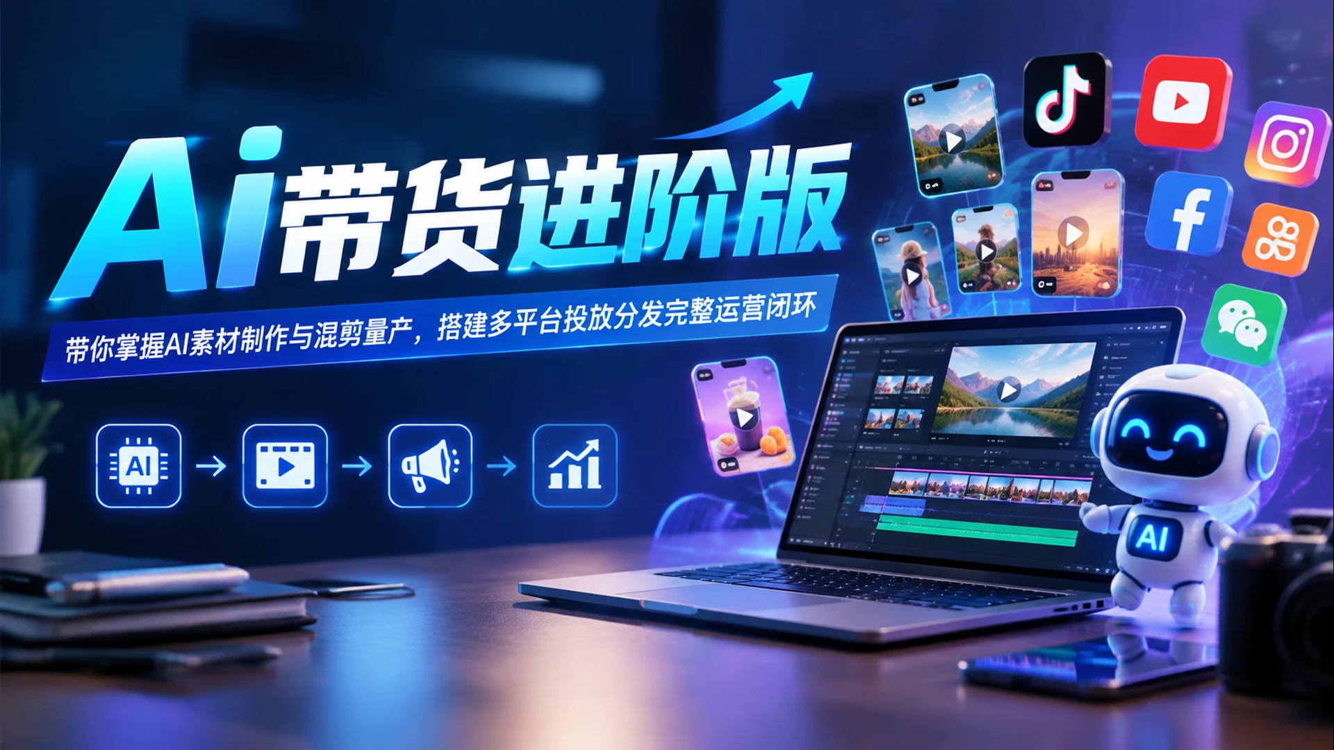 【精】Ai带货进阶版，带你掌握AI素材制作与混剪量产，搭建多平台投放分发完整运营闭环