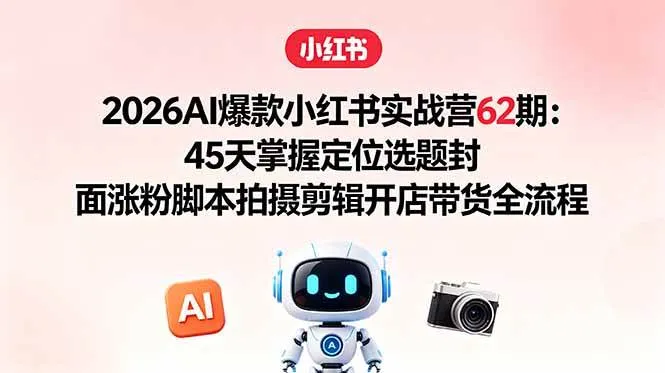 （18606期）2026AI爆款小红书实战营62期：45天掌握定位选题封面涨粉脚本拍摄剪辑开店带货全流程