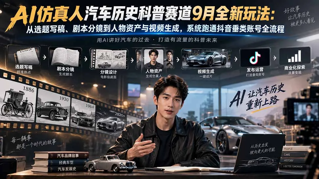 【精】AI仿真人汽车历史科普赛道9月全新玩法：从选题写稿、剧本分镜到人物资产与视频生成，系统跑通抖音垂类账号全流程