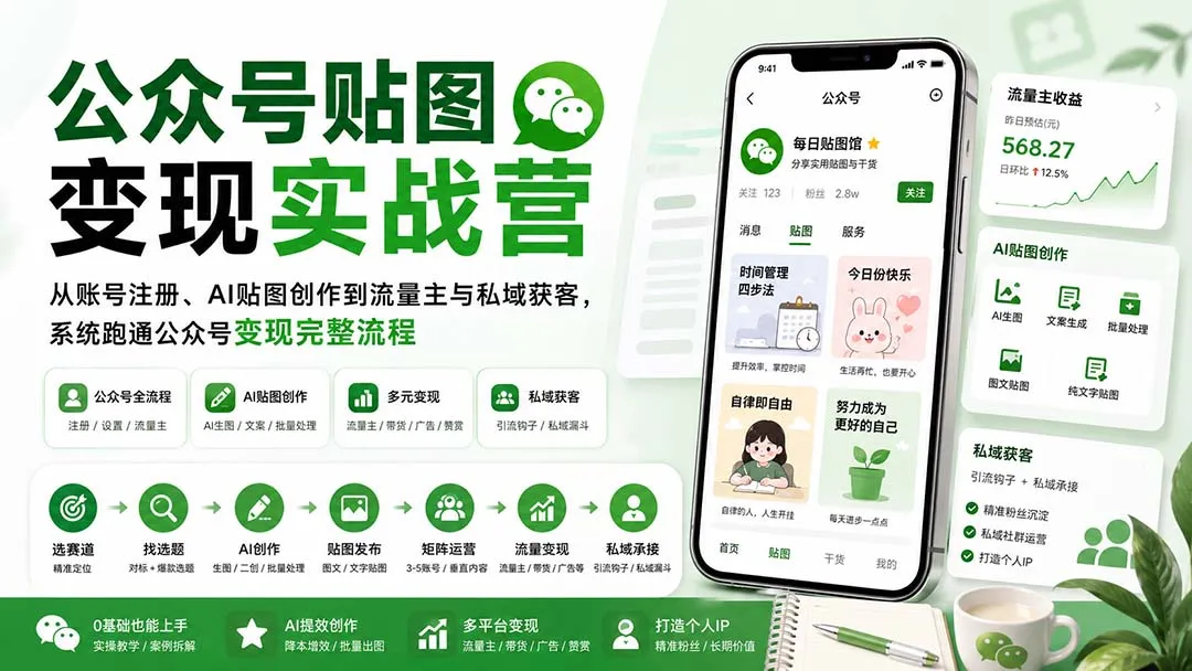 公众号贴图变现实战营：从账号注册、AI贴图创作到流量主与私域获客，系统跑通公众号变现完整流程