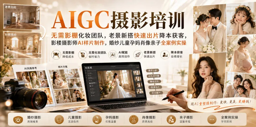AIGC摄影培训|无需影棚化妆团队,老景新搭快速出片降本获客,影楼摄影师AI样片制作,婚纱儿童孕妈肖像亲子全案例实操