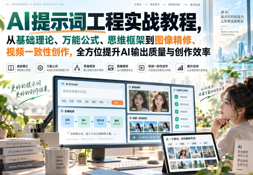 【精】AI提示词工程实战教程，从基础理论、万能公式、思维框架到图像精修、视频一致性创作，全方位提升AI输出质量与创作效率