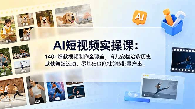 【精】AI短视频实操课：140+爆款视频制作全覆盖，育儿宠物治愈历史武侠舞蹈运动，零基础也能批量产出