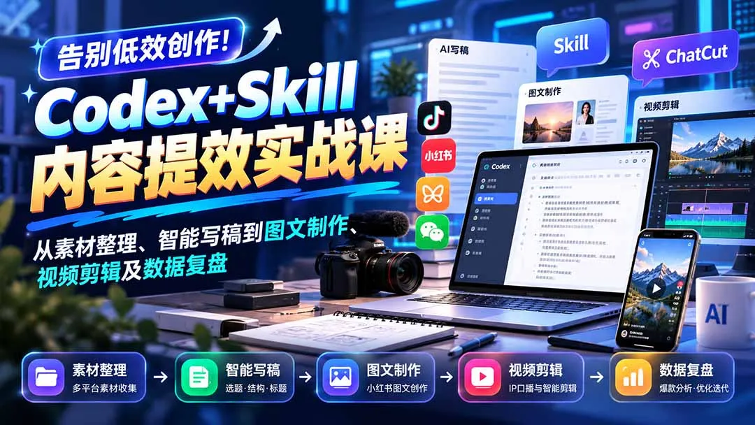 【无水印】告别低效创作！Codex+Skill内容提效实战课：从素材整理、智能写稿到图文制作、视频剪辑及数据复盘