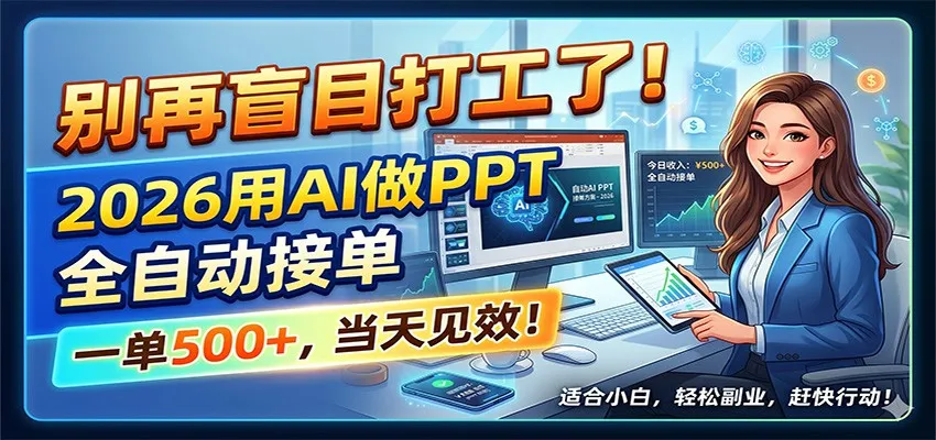 别再盲目打工了!2026用AI做PPT全自动接单,一单5张+,当天见效! 别再盲目打工了!2026用AI做PPT全自动接单,一单5张+,当天见效!