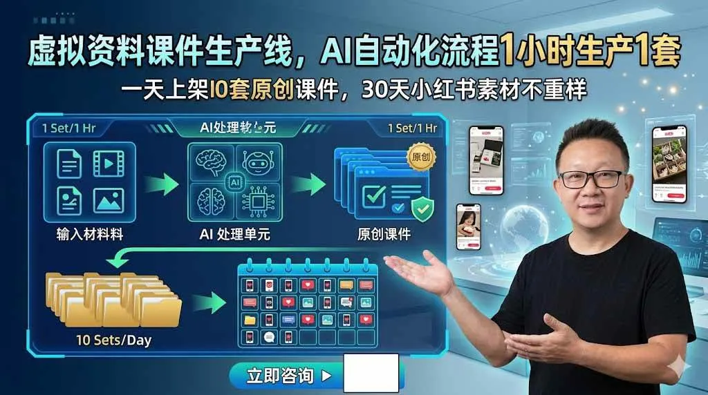 （19091期）虚拟资料课件生产线，AI自动化流程1小时生产1套，一天上架10套原创课件，30天小红书素材不重样-资源之家