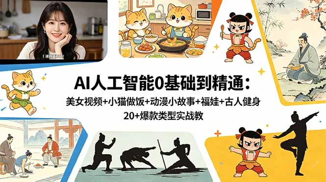 【精】AI人工智能0基础到精通：美女视频+小猫做饭+动漫小故事+福娃+古人健身，20+爆款类型实战教学