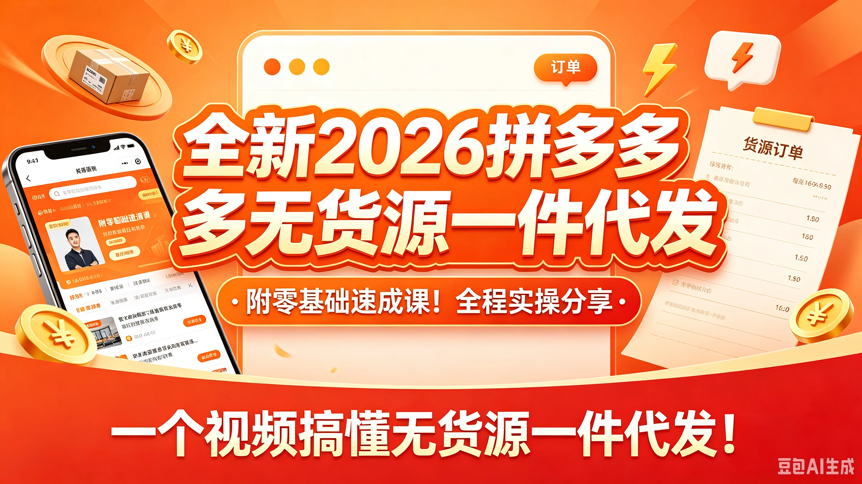 【精】全新2026拼多多无货源一件代发，附零基础速成课！全程实操分享，一个视频搞懂无货源一件代发！