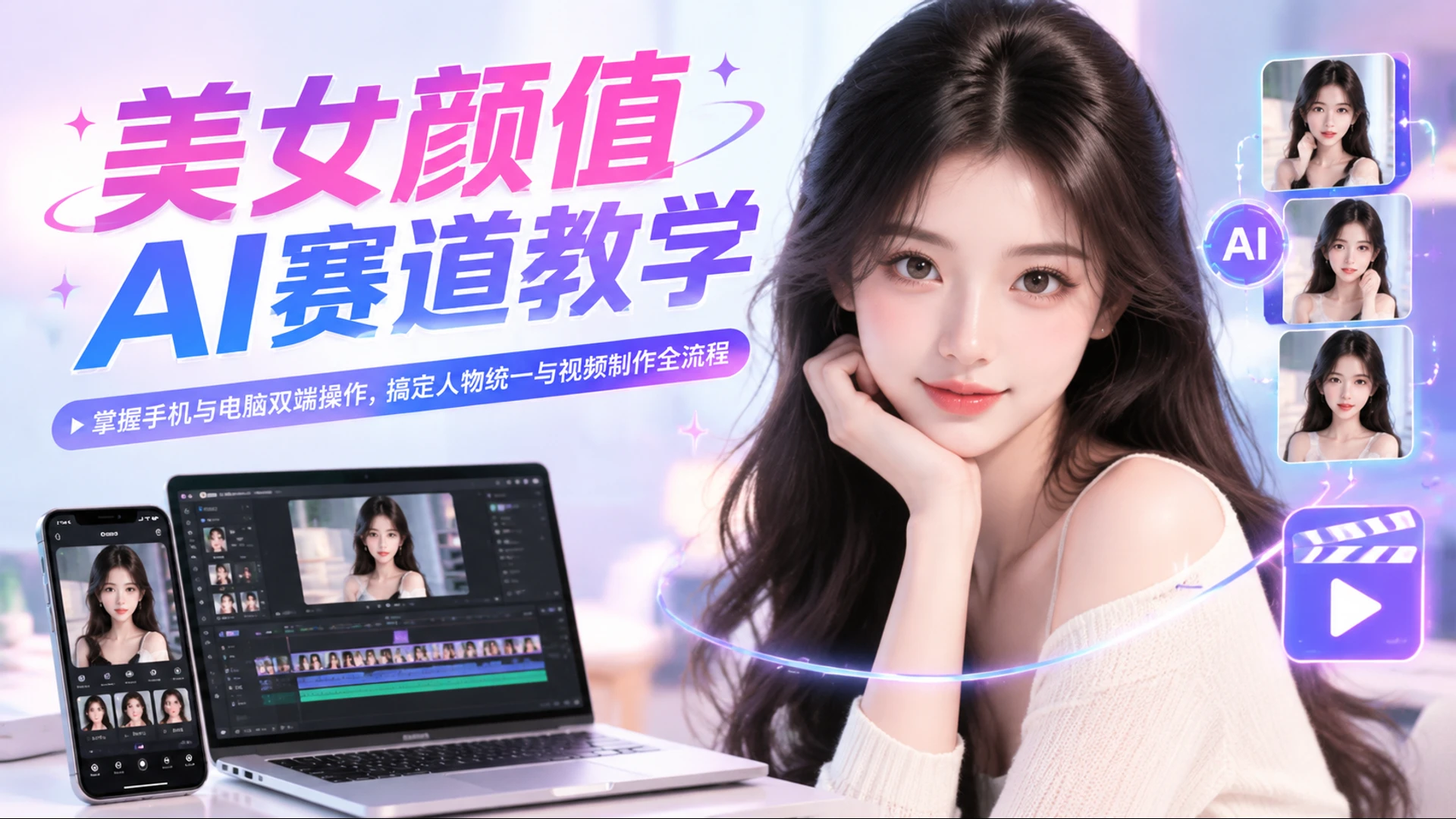 【精】美女颜值AI赛道教学，掌握手机与电脑双端操作，搞定人物统一与视频制作全流程