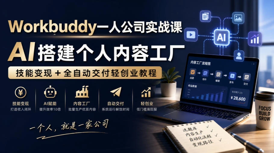 【精】Workbuddy一人公司实战课，AI搭建个人内容工厂，技能变现+全自动交付轻创业教程