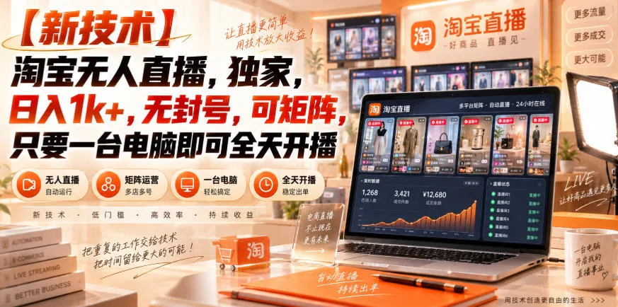【独家新技术】淘宝无人直播,日入1k+,无封号,可矩阵,只要一台电脑即可全天开播【揭秘】