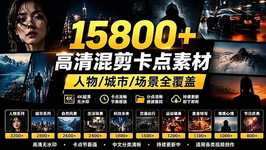 （19120期）【影视剪辑素材合集】15800+高清混剪卡点｜热门影视精彩片段｜人物/城市/场景全覆盖，中文分类清晰-资源之家