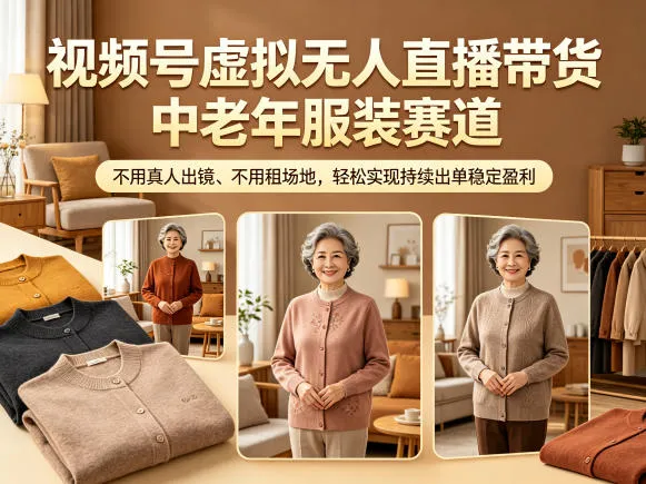 视频号虚拟无人直播带货中老年服装赛道，不用真人出镜、不用租场地，轻松实现持续出单稳定盈利