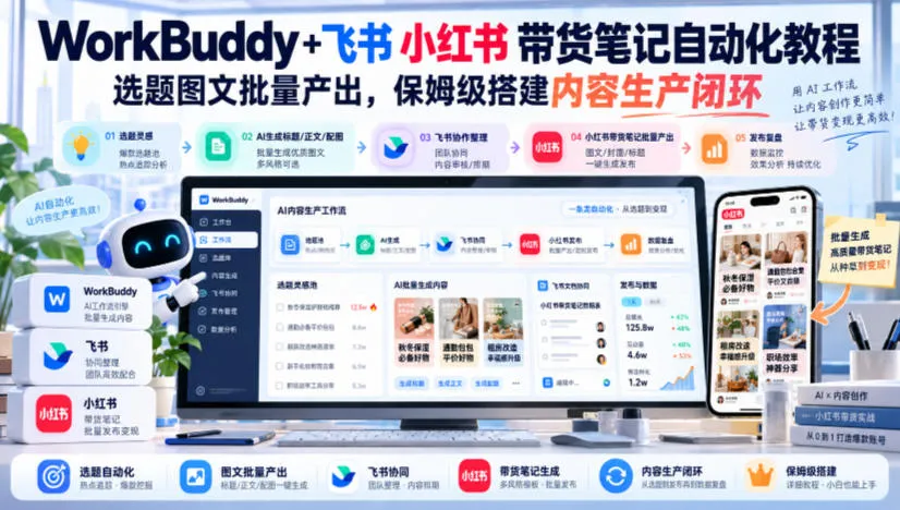 WorkBuddy+飞书小红书带货笔记自动化教程,选题图文批量产出,保姆级搭建内容生产闭环【文档】