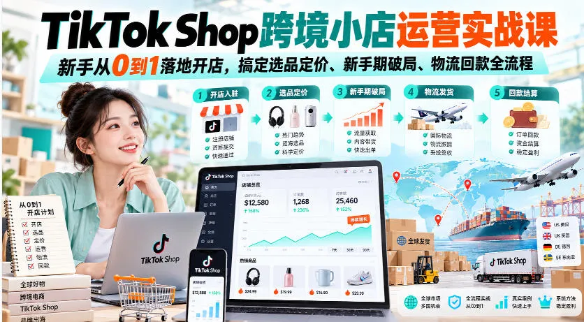 【精】TikTok Shop跨境小店运营实战课，新手从0到1落地开店，搞定选品定价、新手期破局、物流回款全流程