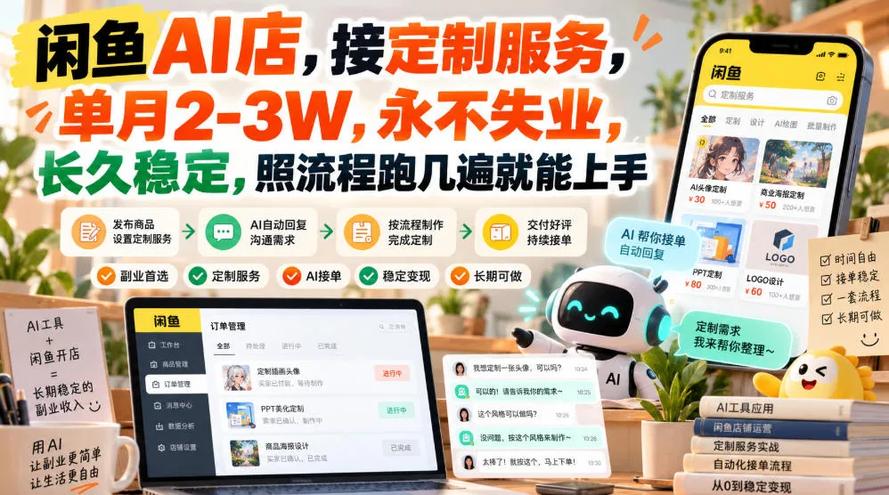 闲鱼AI店，接定制服务，单月2-3W，永不失业，长久稳定，照流程跑几遍就能上手