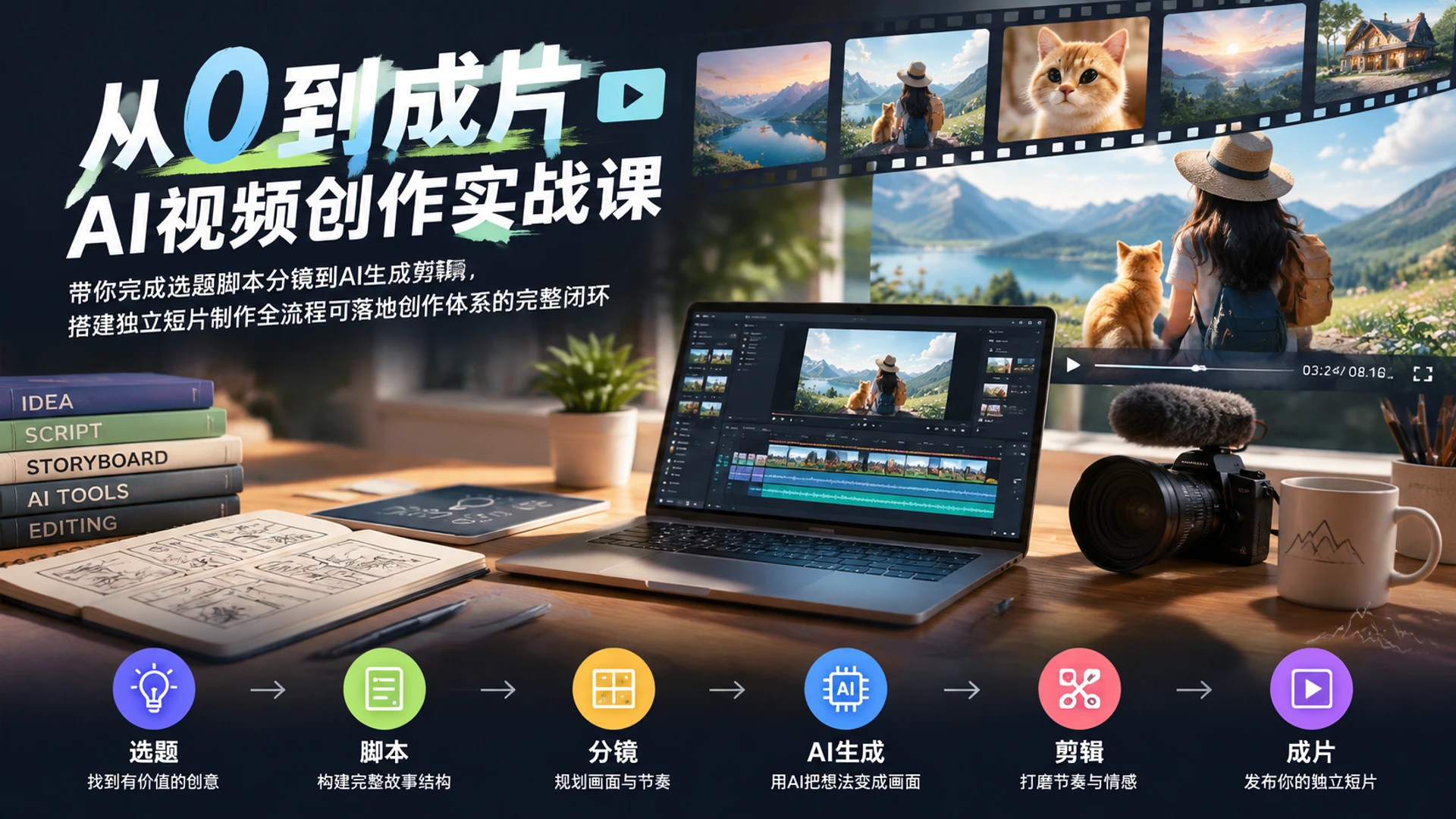 【精】从0到成片・AI视频创作实战课，带你完成选题脚本分镜到AI生成剪辑，搭建独立短片制作全流程可落地创作体系的完整闭环