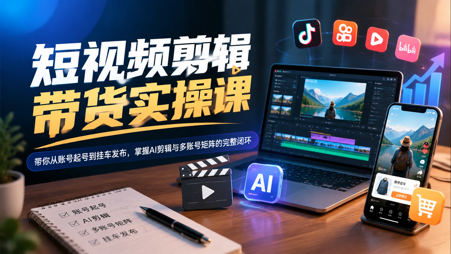 【精】短视频剪辑带货实操课，带你从账号起号到挂车发布，掌握AI剪辑与多账号矩阵的完整闭环