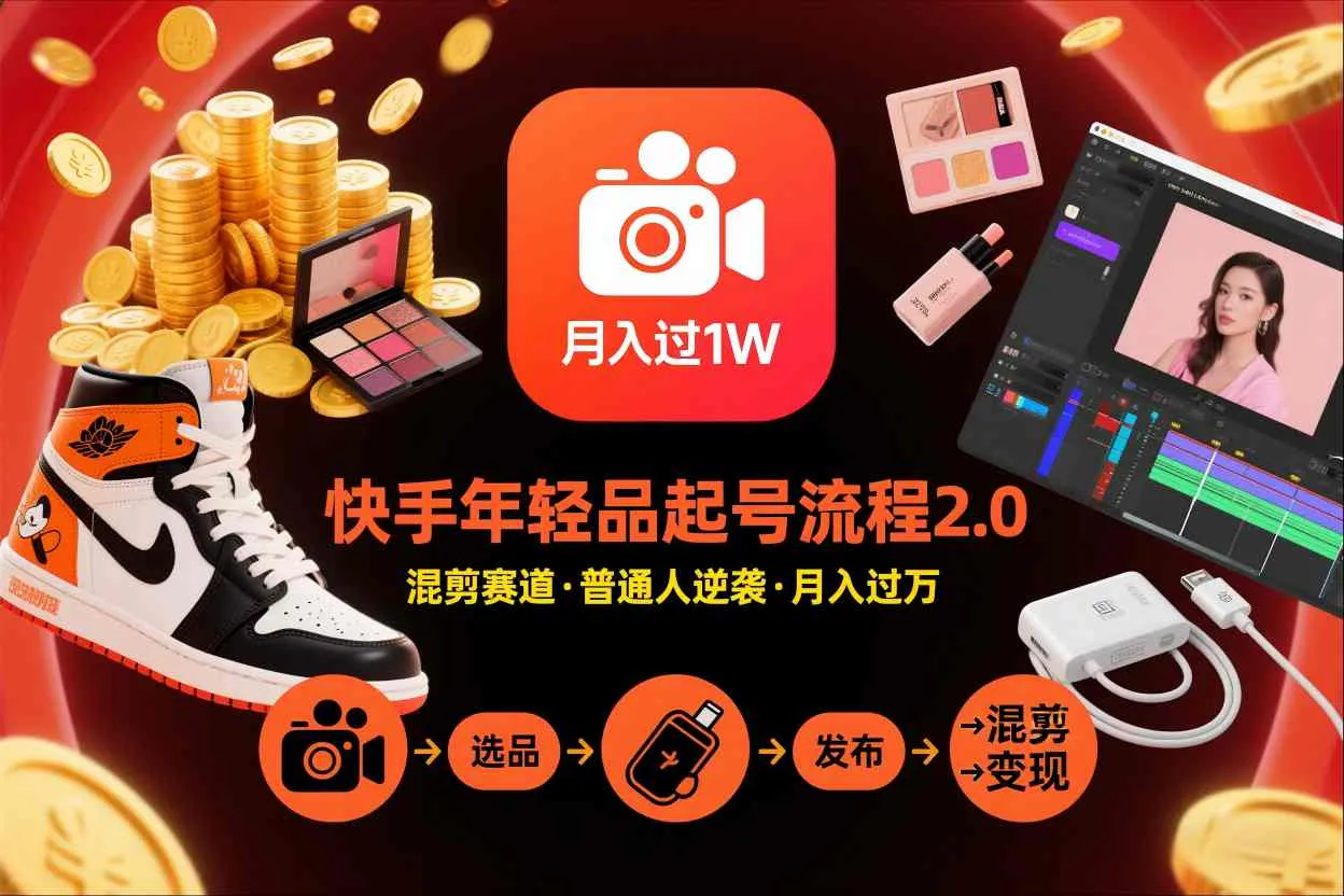 快手短视频带货年轻品起号流程2.0，快手年轻品混剪赛道，普通人也能月入过1W