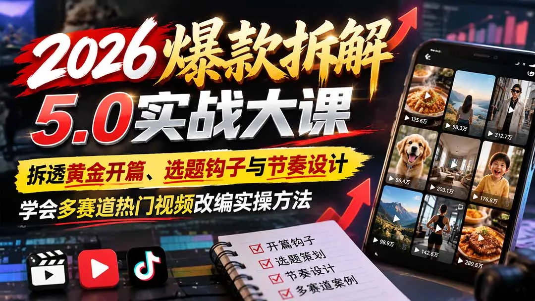 2026爆款拆解5.0实战大课：拆透黄金开篇、选题钩子与节奏设计，学会多赛道热门视频改编实操方法