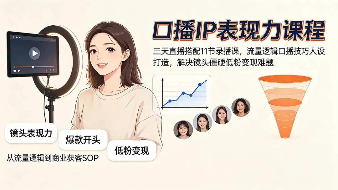 (19604期)口播IP表现力课程|三天直播搭配11节录播课,流量逻辑口播技巧人设打造,解决镜头僵硬低粉变现难题-资源之家 (19604期)口播IP表现力课程|三天直播搭配11节录播课,流量逻辑口播技巧人设打造,解决镜头僵硬低粉变现难题-资源之家