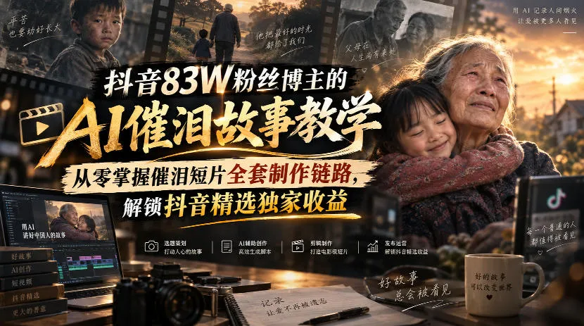 抖音83W粉丝博主的AI催泪故事教学,从零掌握催泪短片全套制作链路,解锁抖音精选独家收益