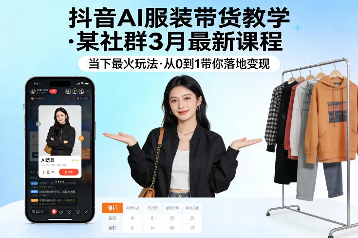 抖音AI服装带货教学,某社群3月最新课程,当下最火玩法,从0到1带你落地变现 抖音AI服装带货教学,某社群3月最新课程,当下最火玩法,从0到1带你落地变现