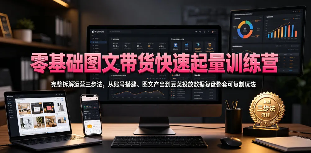 零基础图文带货快速起量训练营，完整拆解运营三步法，从账号搭建、图文产出到豆荚投放数据复盘整套可复制玩法
