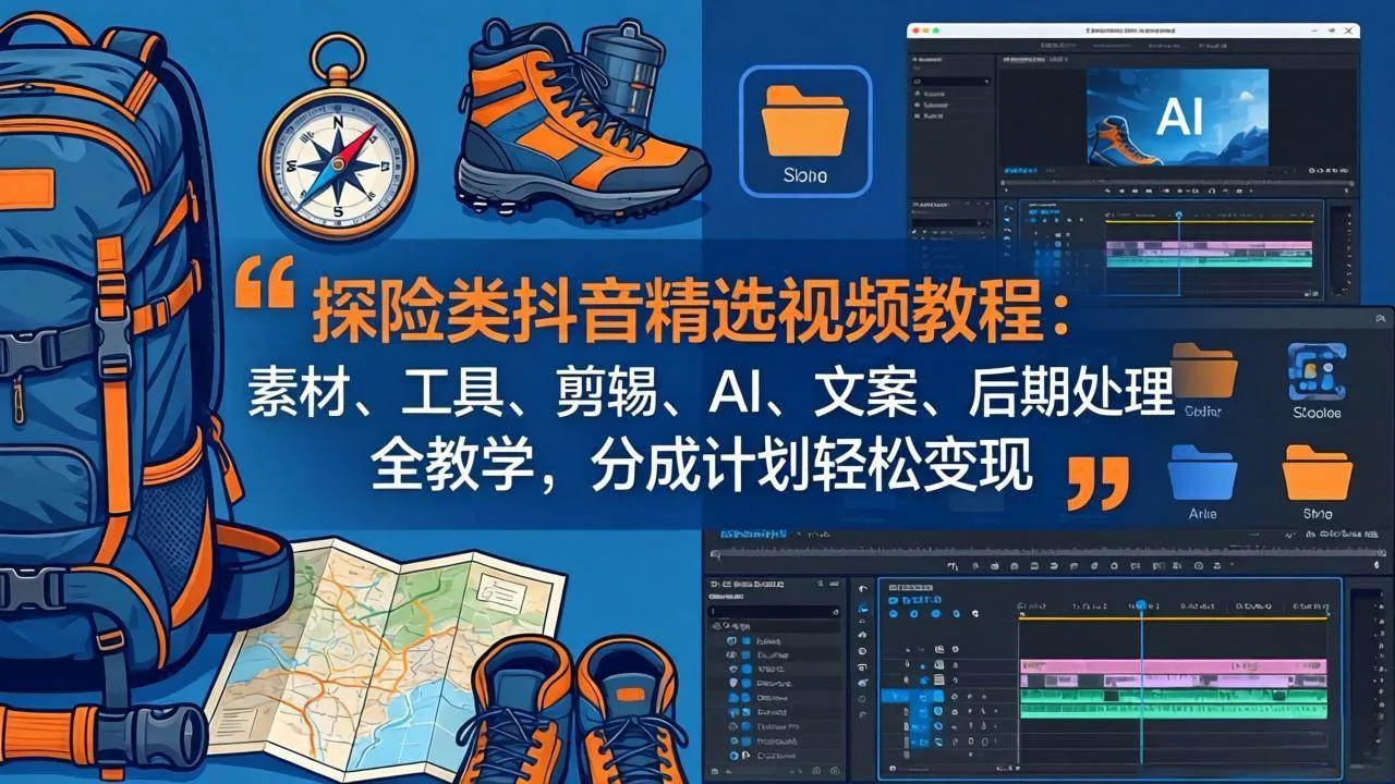 （17994期）探险类抖音精选视频教程：素材、工具、剪辑、AI、文案、后期处理全教学，分成计划轻松变现