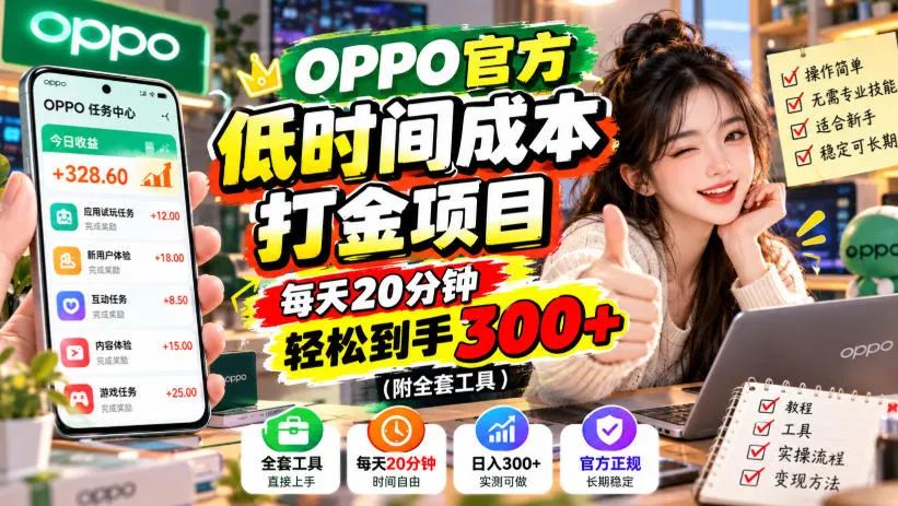 OPPO官方低时间成本打金项目,每天20分钟,轻松到手300+(附全套工具)【揭秘】