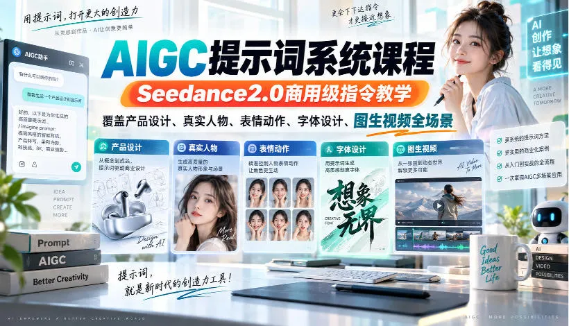 AIGC提示词系统课程，Seedance2.0商用级指令教学，覆盖产品设计、真实人物、表情动作、字体设计、图生视频全场景