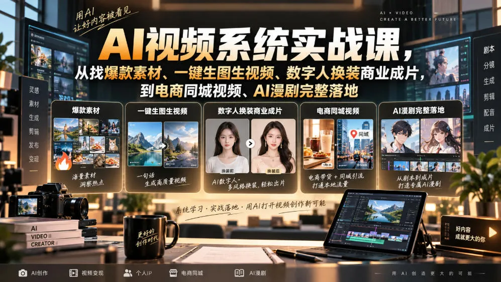 AI视频系统实战课,从找爆款素材、一键生图生视频、数字人换装商业成片,到电商同城视频、AI漫剧完整落地