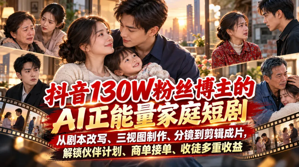 【精】抖音130W粉丝博主的AI正能量家庭短剧，从剧本改写、三视图制作、分镜到剪辑成片，解锁伙伴计划、商单接单、收徒多重收益