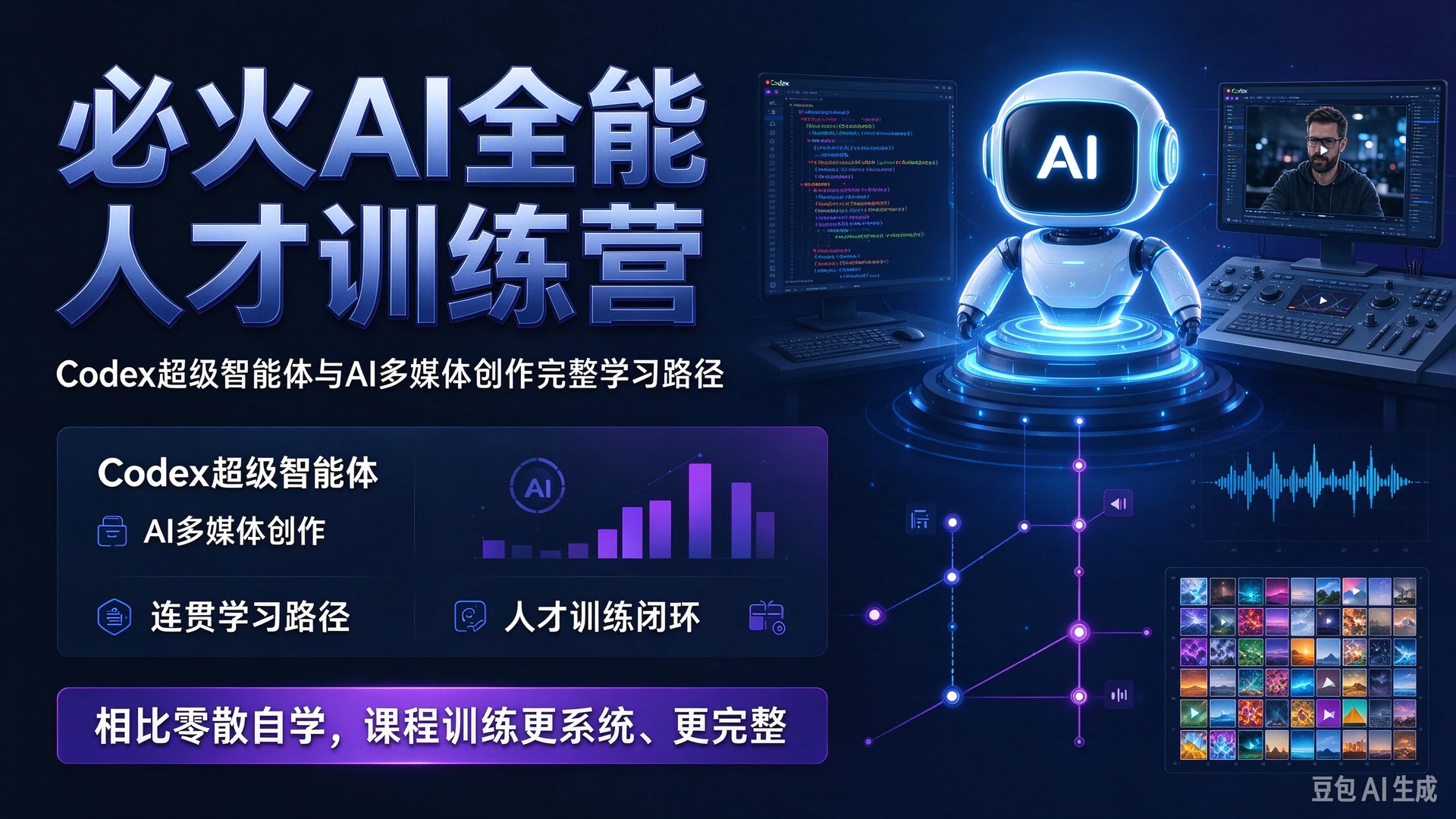 【精】必火AI全能人才训练营，课程模块覆盖Codex超级智能体与AI多媒体创作，相比零散自学拥有连贯完整的学习路径