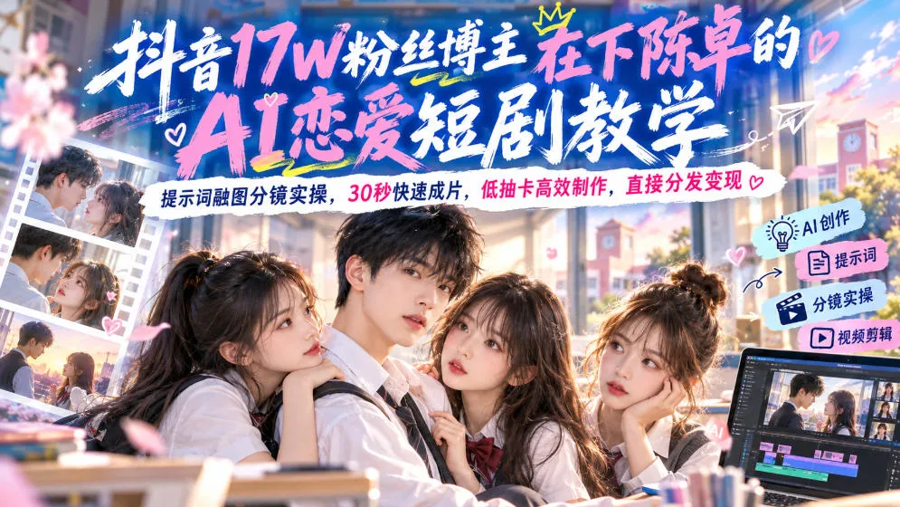 【精】抖音17W粉丝博主在下陈卓的AI恋爱短剧教学，提示词融图分镜实操，30秒快速成片，低抽卡高效制作，直接分发变现
