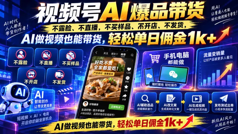 视频号Ai爆品带货,不露脸、不直播、不买样品、不开店、不发货,AI做视频也能带货,轻松单日佣金1k+