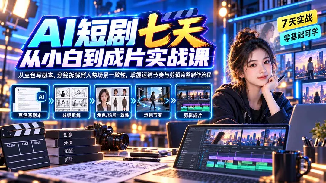 AI短剧七天从小白到成片实战课：从豆包写剧本、分镜拆解到人物场景一致性，掌握运镜节奏与剪辑完整制作流程
