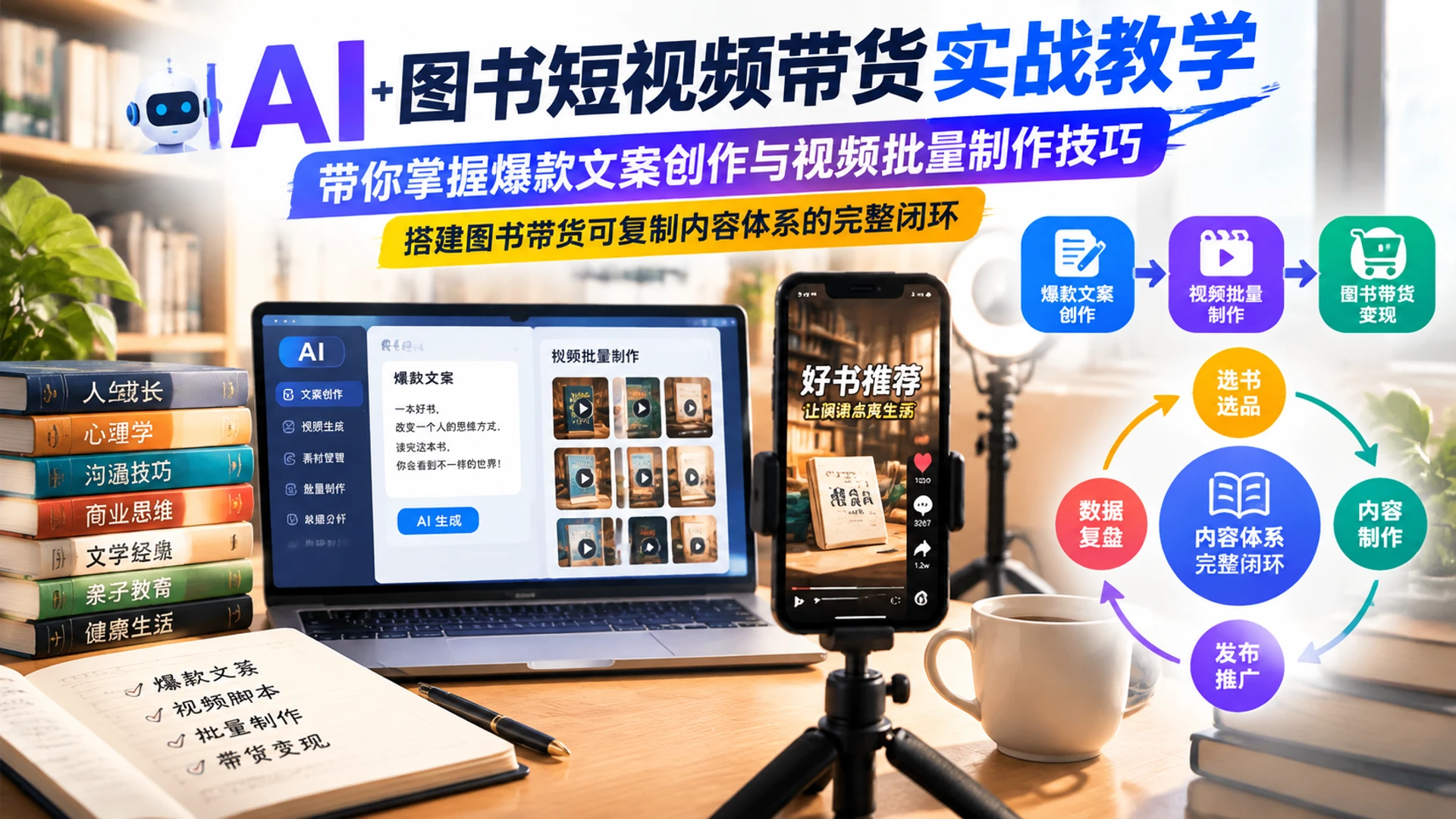 【精】AI图书短视频带货实战教学，带你掌握爆款文案创作与视频批量制作技巧，搭建图书带货可复制内容体系的完整闭环