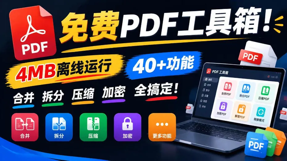 免费PDF工具箱!4MB离线运行,40+功能,合并拆分压缩加密全搞定!