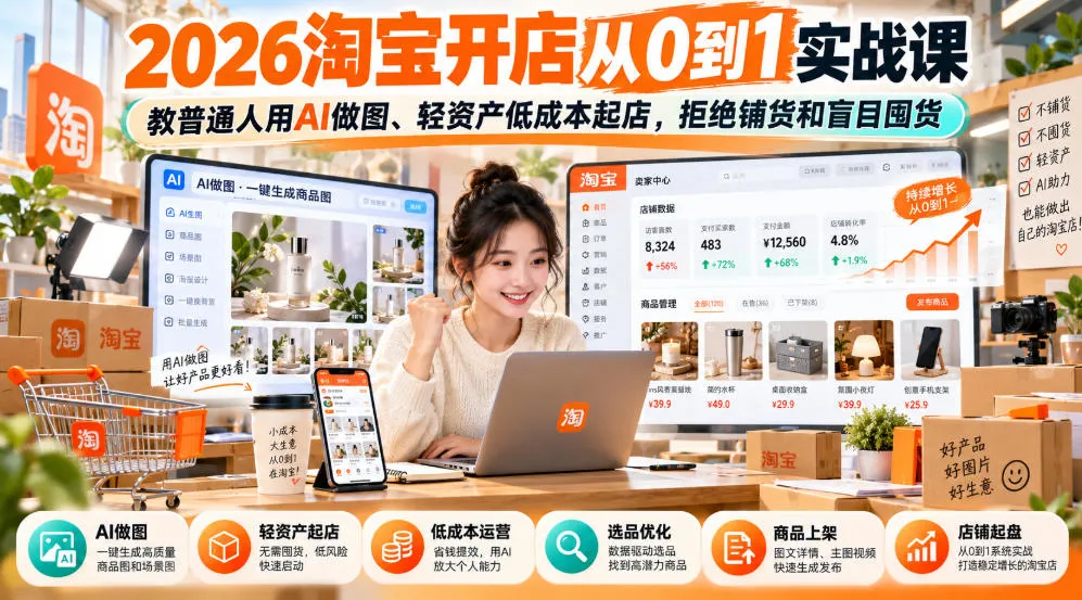 2026淘宝开店从0到1实战课,教普通人用AI做图、轻资产低成本起店,拒绝铺货和盲目囤货