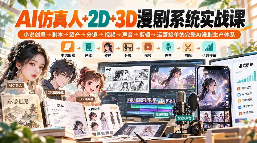【无水印】AI仿真人+2D+3D漫剧系统实战课，小说创意→剧本→资产→分镜→视频→声音→剪辑→运营接单的完整AI漫剧生产体系